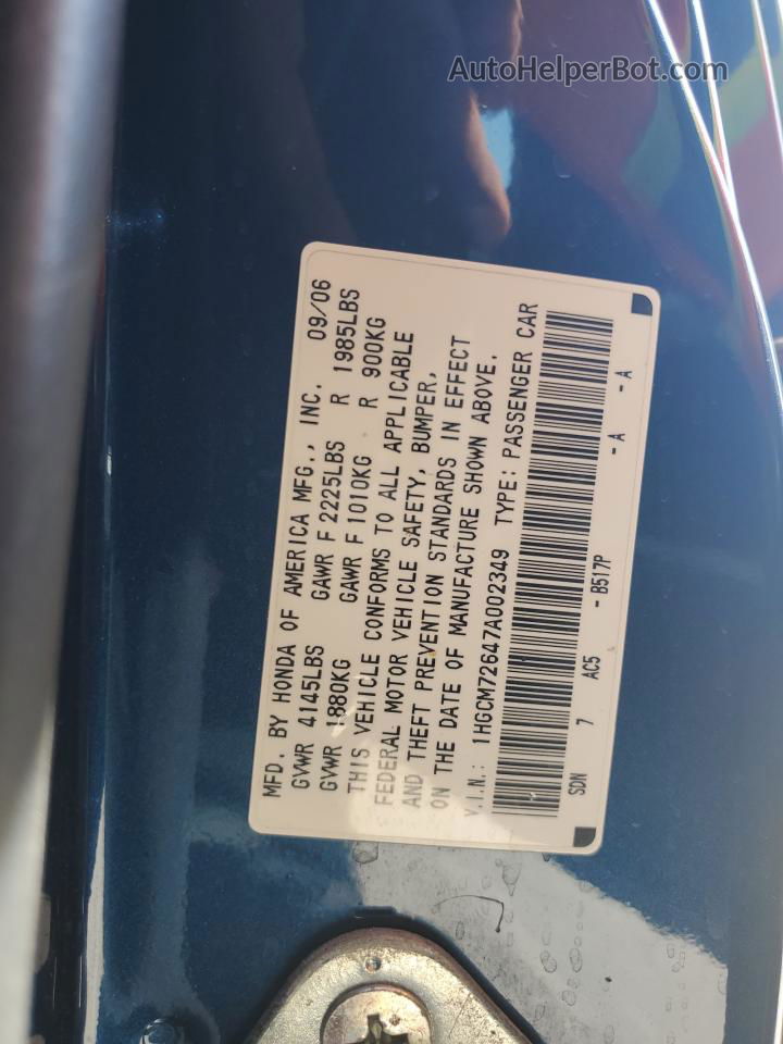 2007 Honda Accord Ex Blue vin: 1HGCM72647A002349