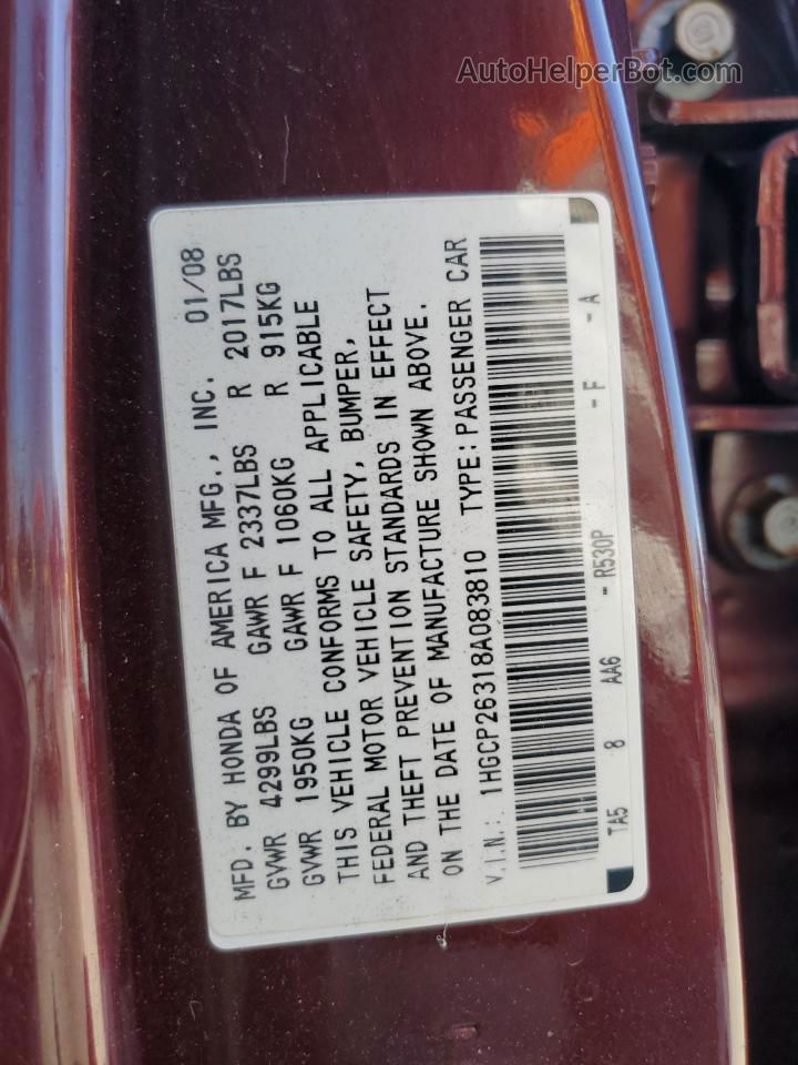 2008 Honda Accord Lx Maroon vin: 1HGCP26318A083810