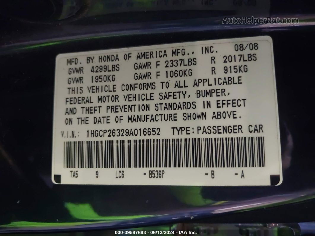 2009 Honda Accord 2.4 Lx Blue vin: 1HGCP26329A016652