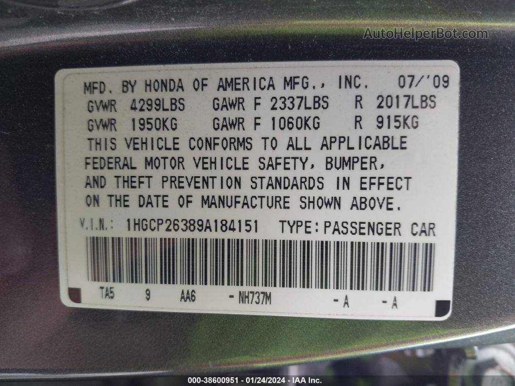 2009 Honda Accord 2.4 Lx Blue vin: 1HGCP26389A184151