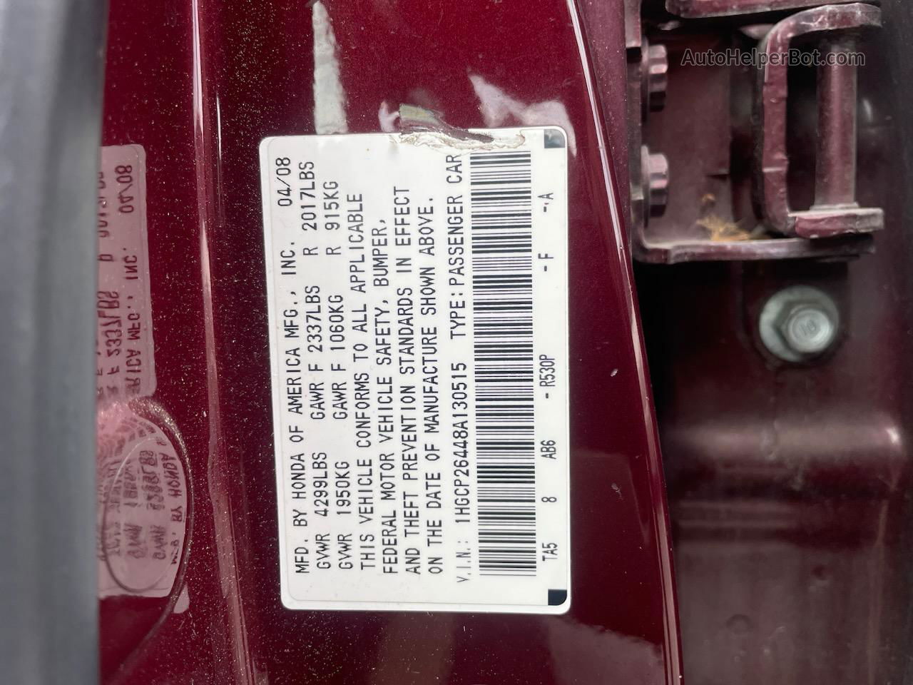 2008 Honda Accord Lxp Burgundy vin: 1HGCP26448A130515