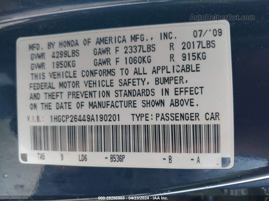 2009 Honda Accord 2.4 Lx-p Dark Blue vin: 1HGCP26449A190201