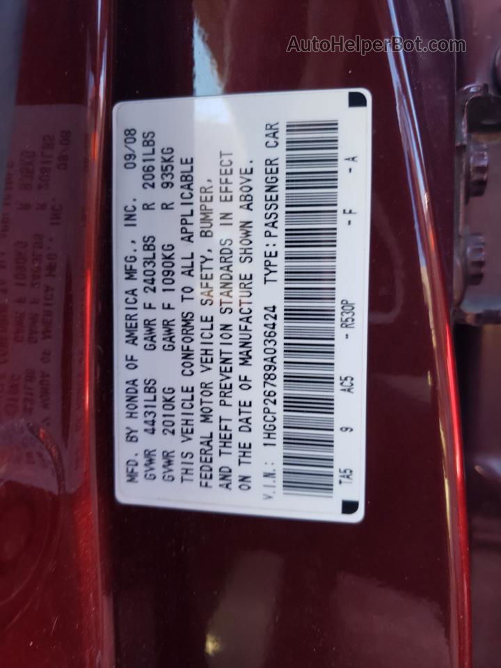 2009 Honda Accord Ex Burgundy vin: 1HGCP26789A036424