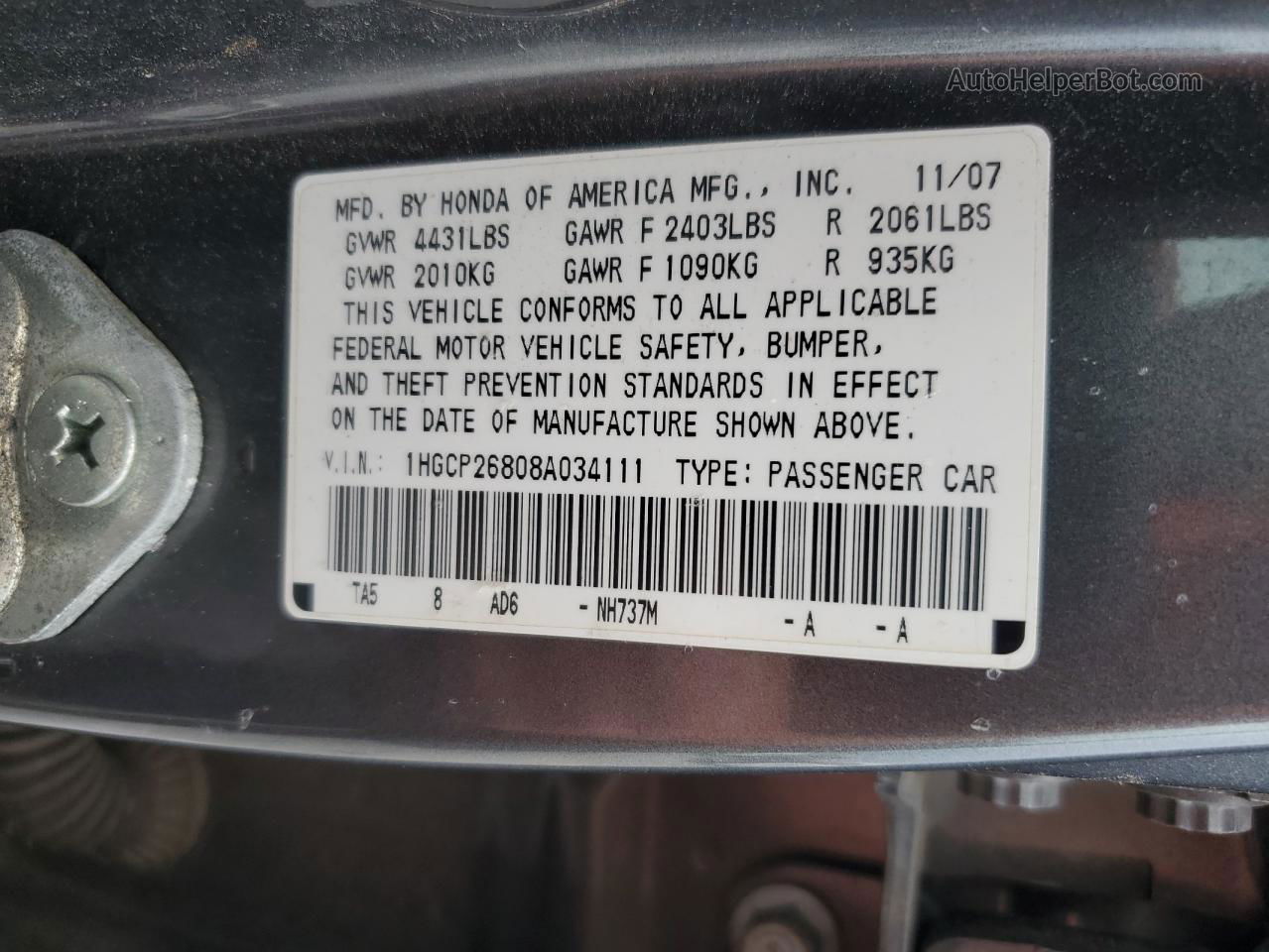 2008 Honda Accord Exl Charcoal vin: 1HGCP26808A034111