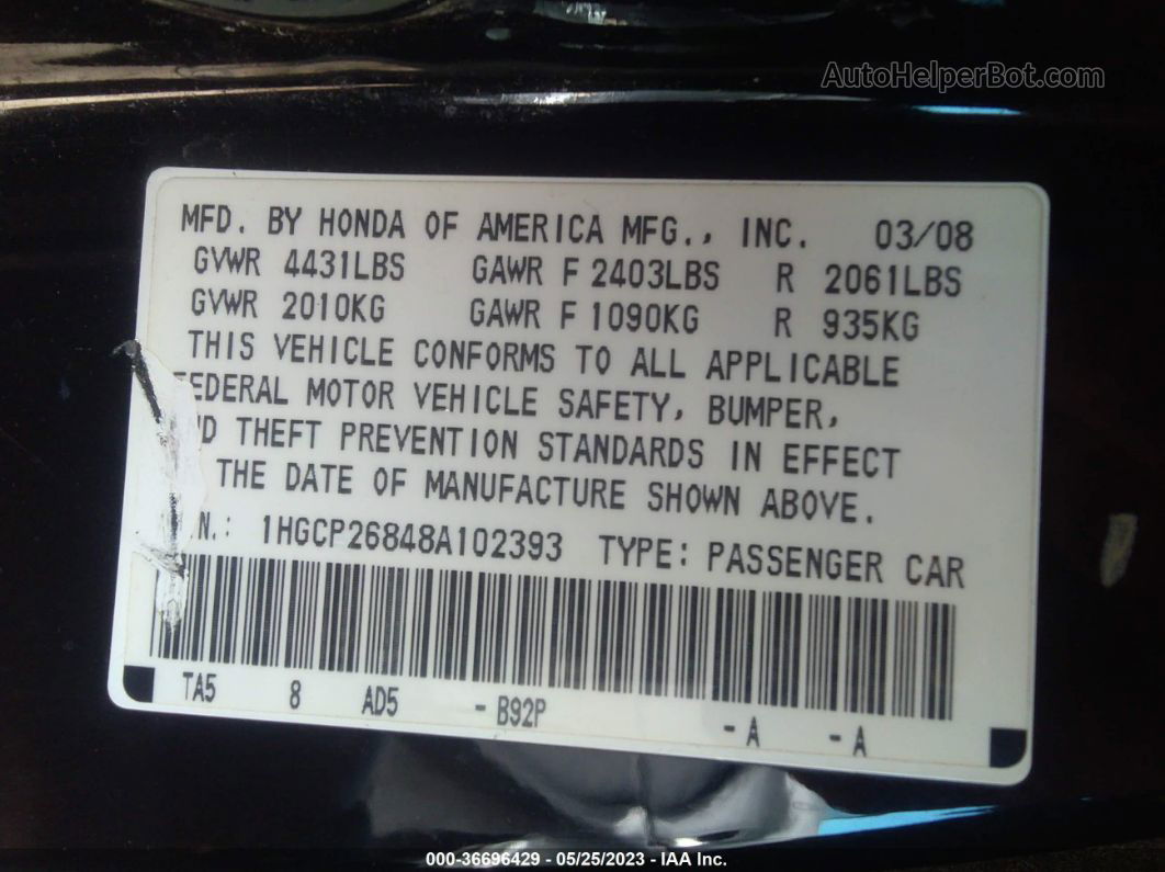 2008 Honda Accord Sdn Ex-l Black vin: 1HGCP26848A102393