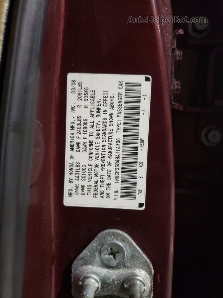 2008 Honda Accord Exl Burgundy vin: 1HGCP26848A114706