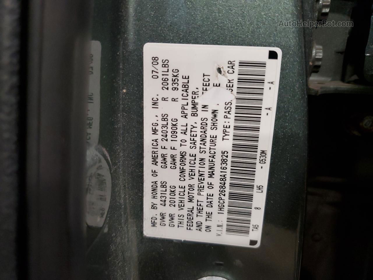 2008 Honda Accord Exl Green vin: 1HGCP26848A163825