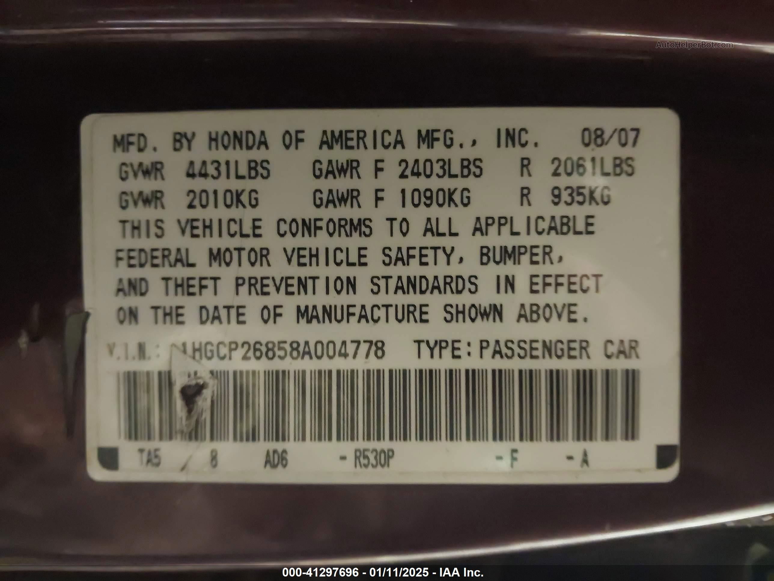 2008 Honda Accord 2.4 Ex-l Burgundy vin: 1HGCP26858A004778