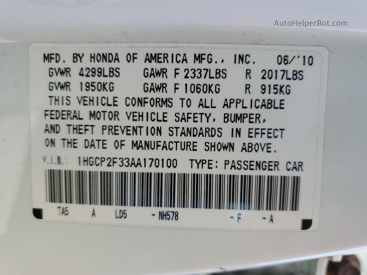 2010 Honda Accord Lx White vin: 1HGCP2F33AA170100