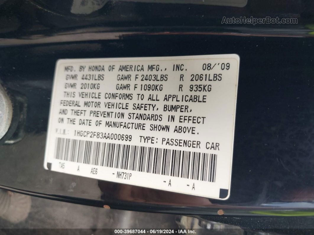 2010 Honda Accord 2.4 Ex-l Black vin: 1HGCP2F83AA000699