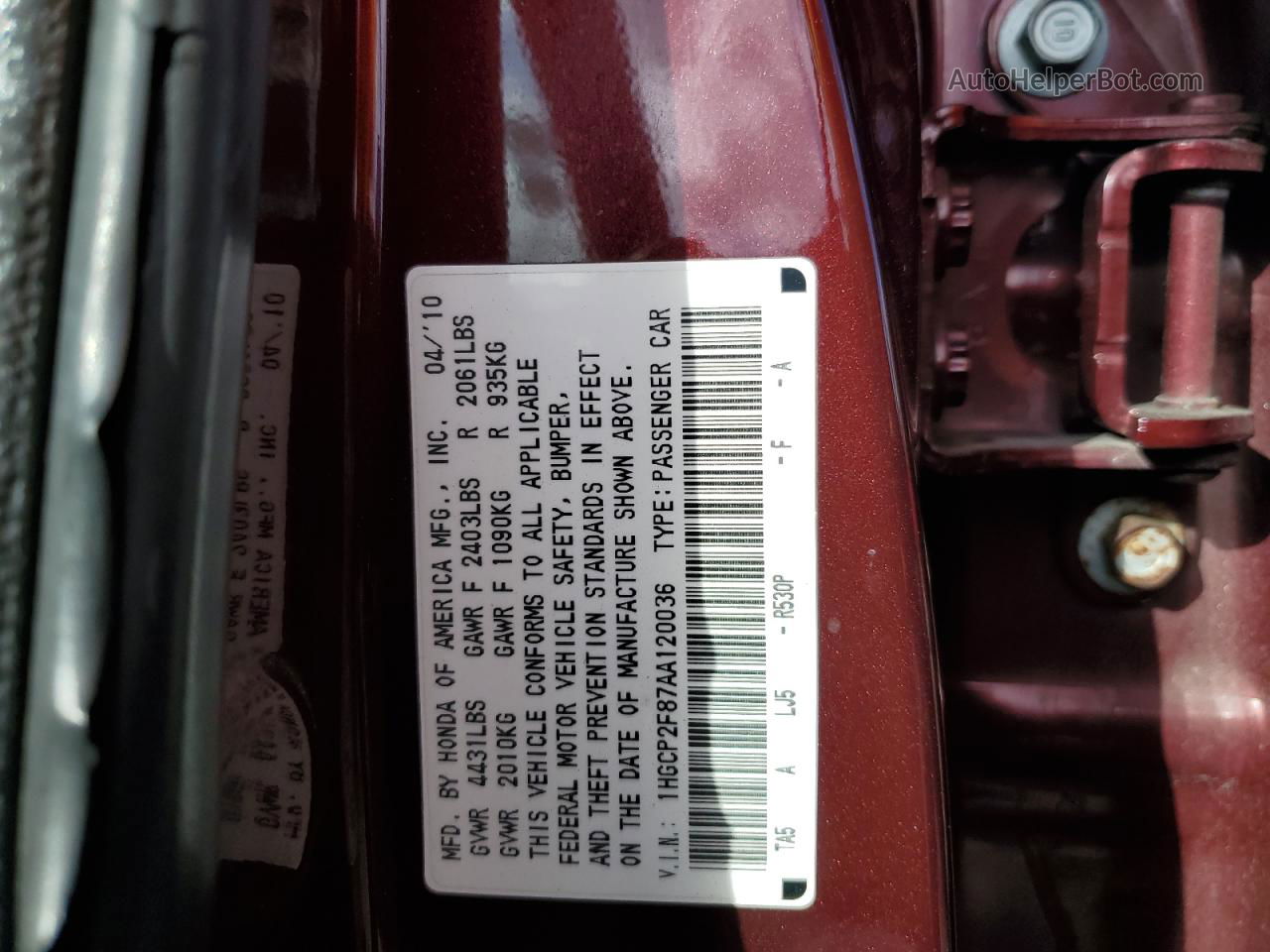 2010 Honda Accord Exl Red vin: 1HGCP2F87AA120036