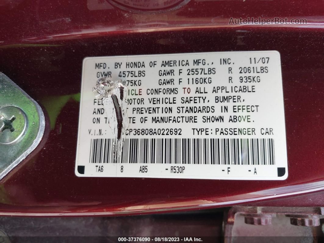 2008 Honda Accord Sdn Ex-l Red vin: 1HGCP36808A022692