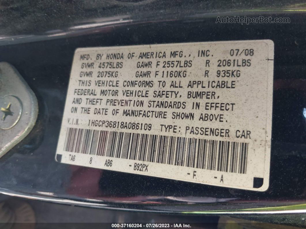 2008 Honda Accord Sdn Ex-l Black vin: 1HGCP36818A086109