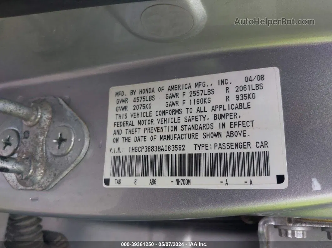 2008 Honda Accord 3.5 Ex-l Серебряный vin: 1HGCP36838A063592