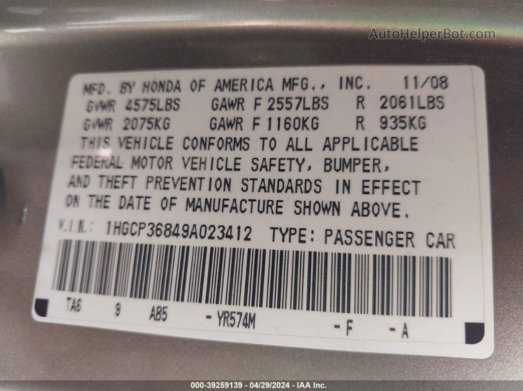 2009 Honda Accord 3.5 Ex-l Gold vin: 1HGCP36849A023412