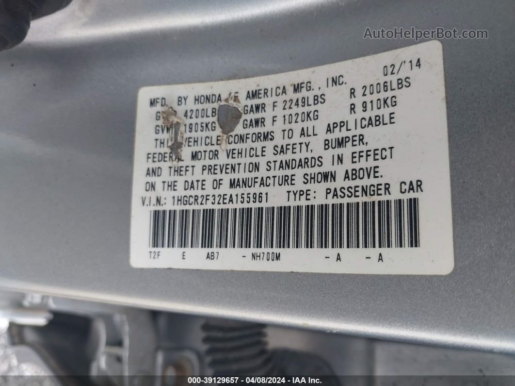 2014 Honda Accord Lx Gray vin: 1HGCR2F32EA155961