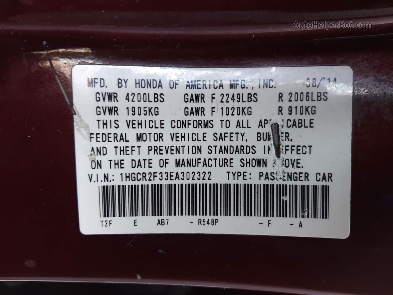 2014 Honda Accord Lx Burgundy vin: 1HGCR2F33EA302322