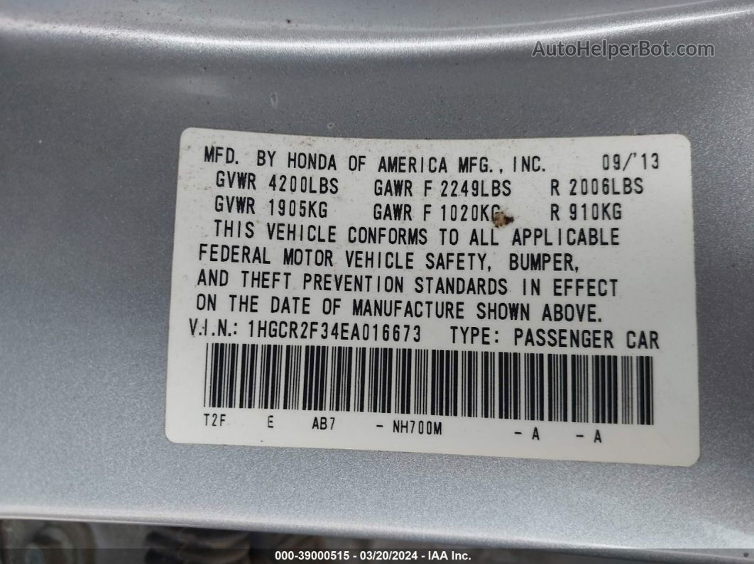 2014 Honda Accord Lx Silver vin: 1HGCR2F34EA016673