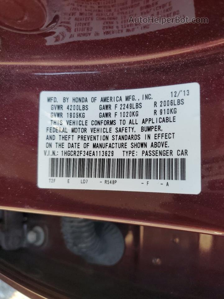 2014 Honda Accord Lx Бордовый vin: 1HGCR2F34EA113629