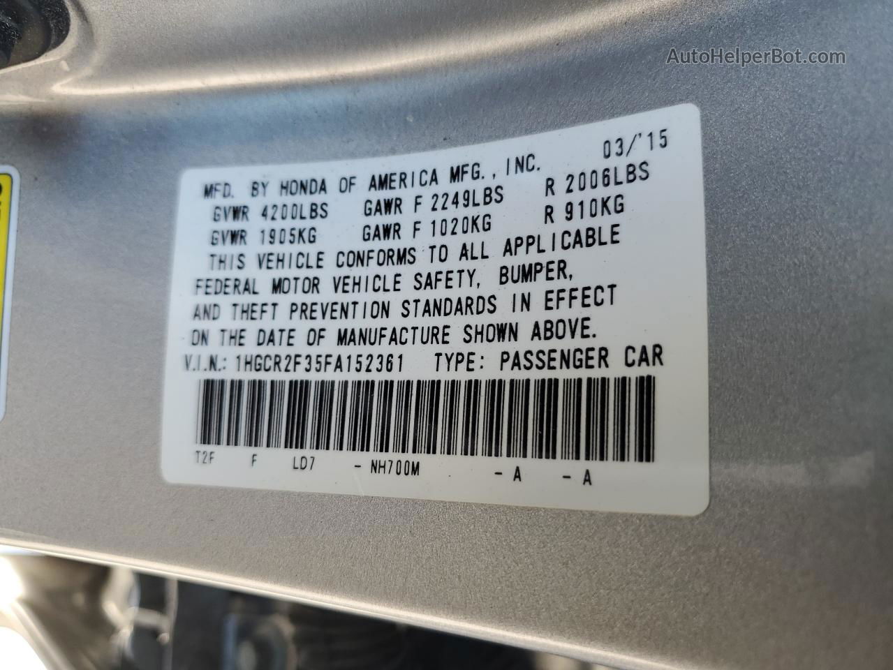 2015 Honda Accord Lx Silver vin: 1HGCR2F35FA152361
