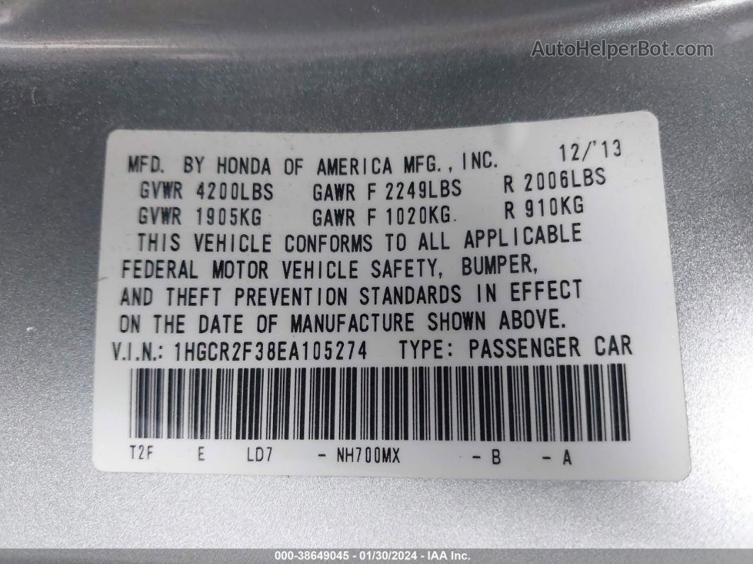 2014 Honda Accord Lx Серебряный vin: 1HGCR2F38EA105274