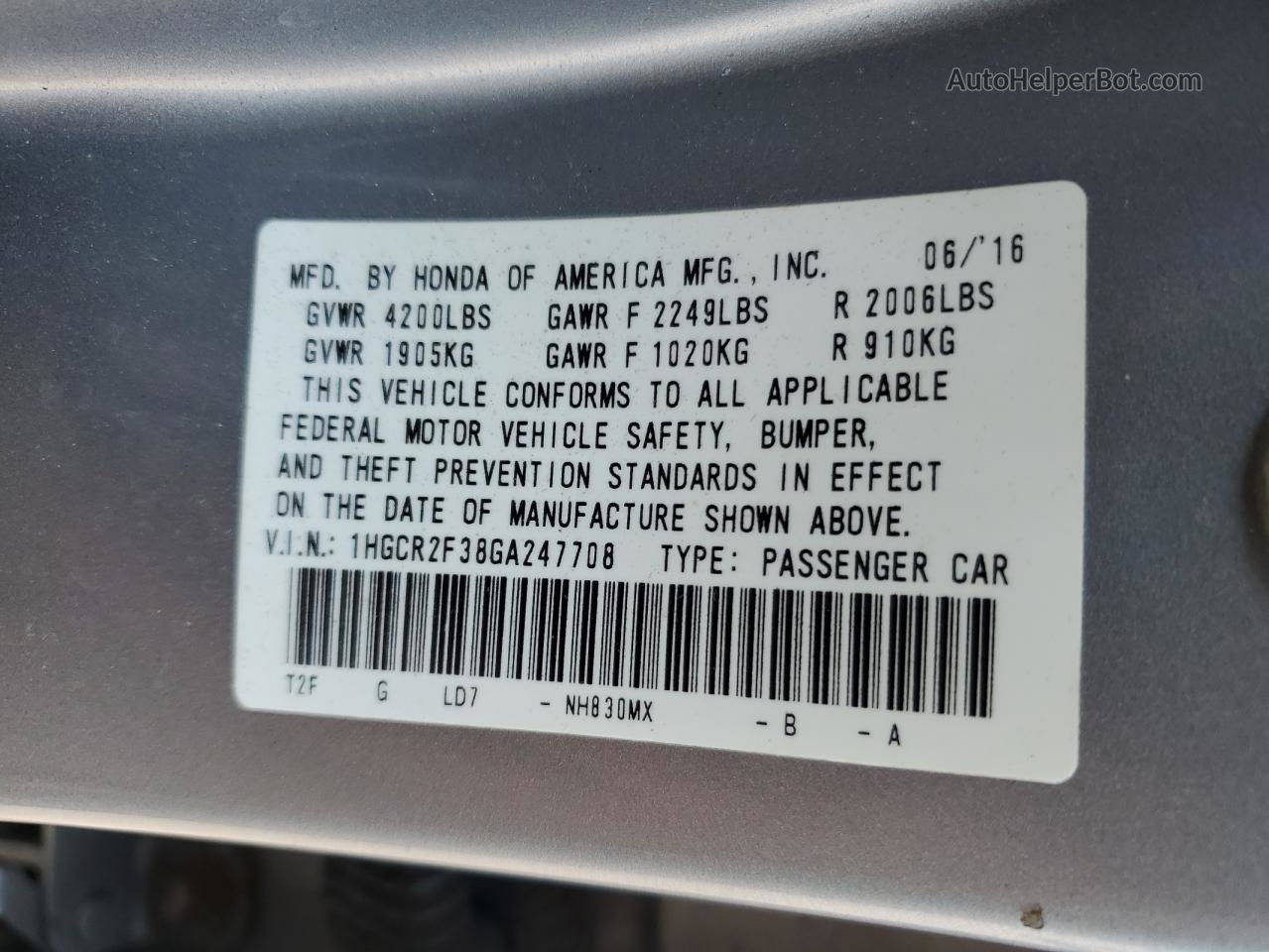 2016 Honda Accord Lx Серебряный vin: 1HGCR2F38GA247708