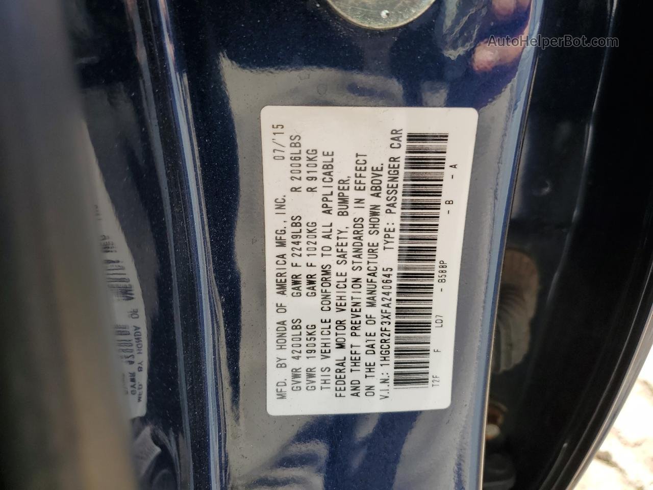 2015 Honda Accord Lx Blue vin: 1HGCR2F3XFA240645