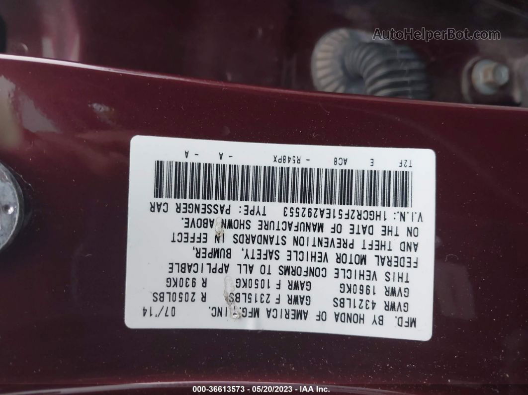 2014 Honda Accord Sdn Sport Burgundy vin: 1HGCR2F51EA292553