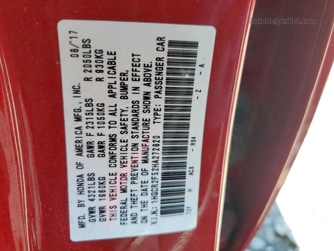 2017 Honda Accord Sport Красный vin: 1HGCR2F52HA272820