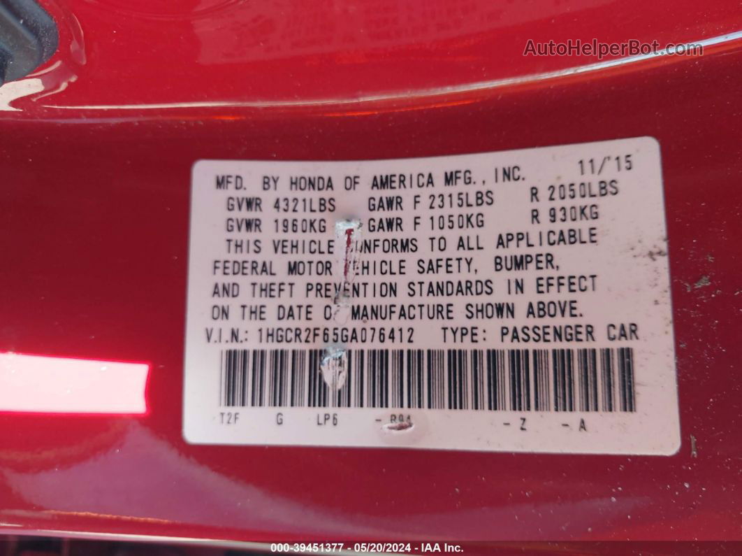 2016 Honda Accord Sport Red vin: 1HGCR2F65GA076412