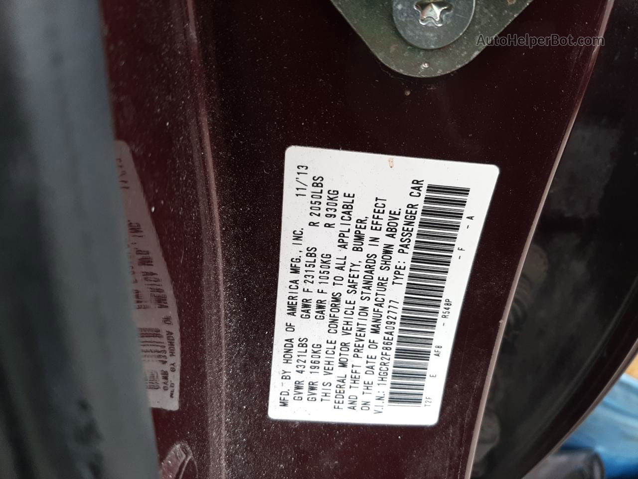 2014 Honda Accord Exl Maroon vin: 1HGCR2F86EA092777