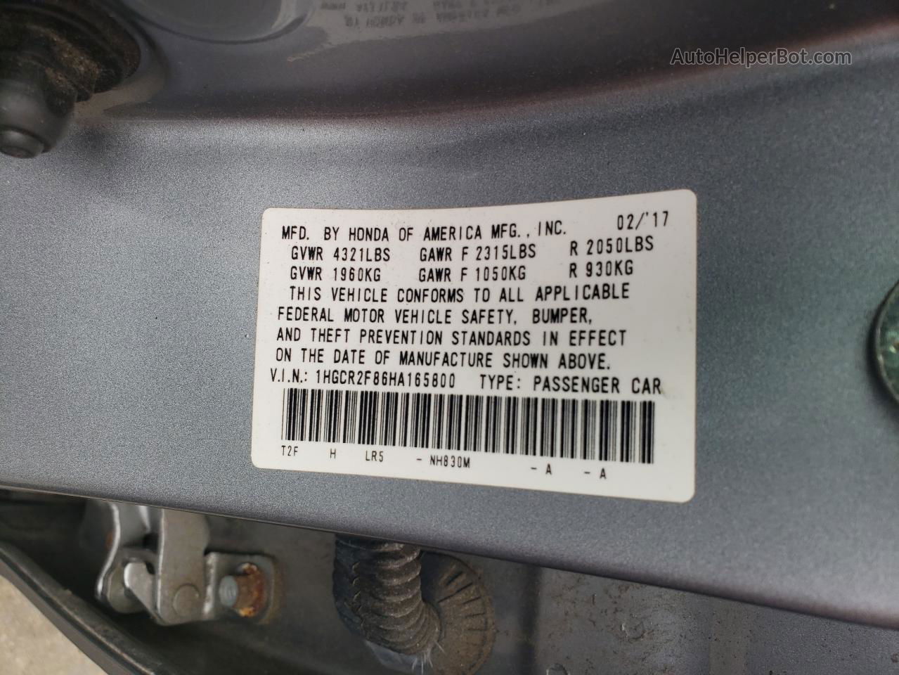 2017 Honda Accord Exl Gray vin: 1HGCR2F86HA165800