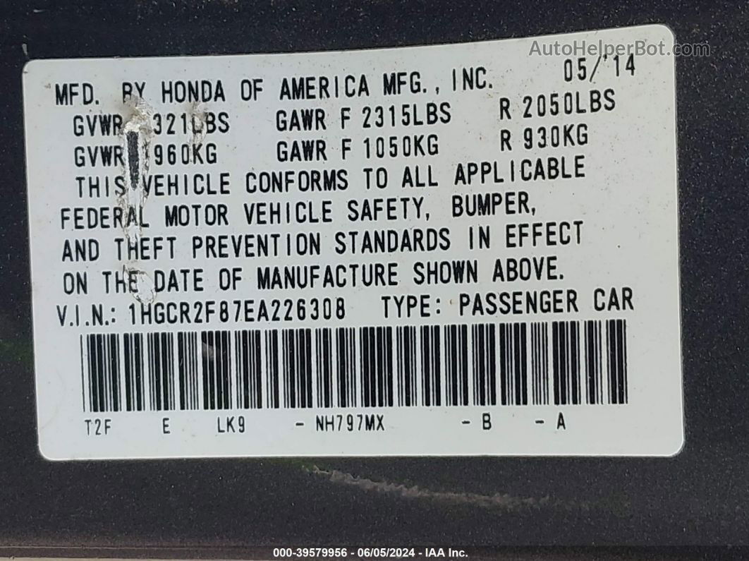 2014 Honda Accord Ex-l Blue vin: 1HGCR2F87EA226308