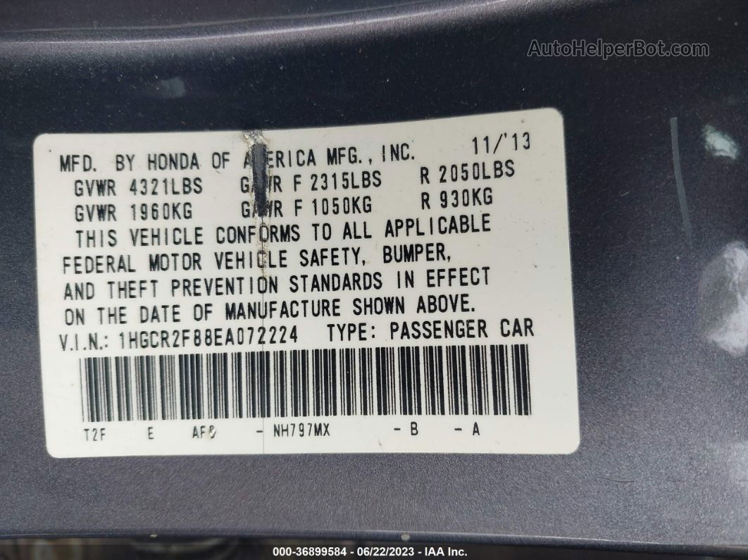 2014 Honda Accord Ex-l Серый vin: 1HGCR2F88EA072224