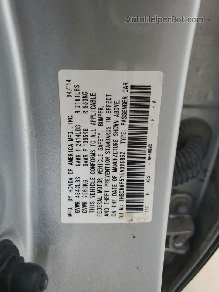 2014 Honda Accord Hybrid Exl Silver vin: 1HGCR6F51EA006952