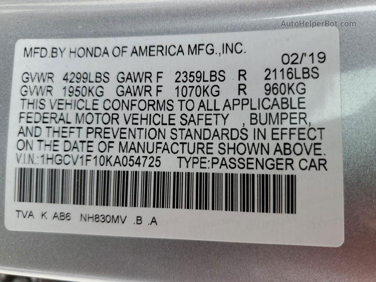 2019 Honda Accord Lx Silver vin: 1HGCV1F10KA054725