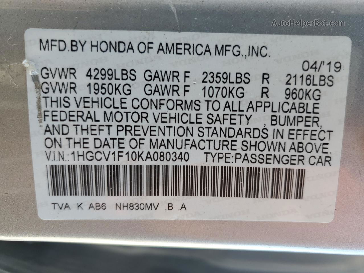 2019 Honda Accord Lx Silver vin: 1HGCV1F10KA080340