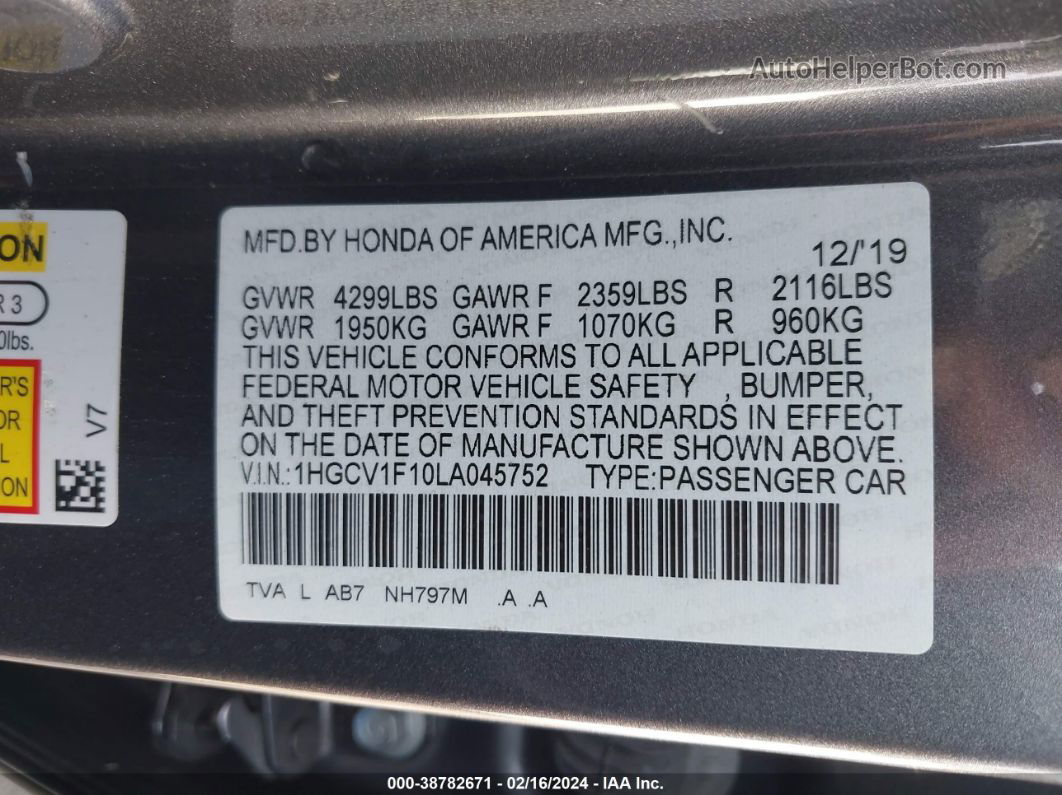 2020 Honda Accord Lx Gray vin: 1HGCV1F10LA045752