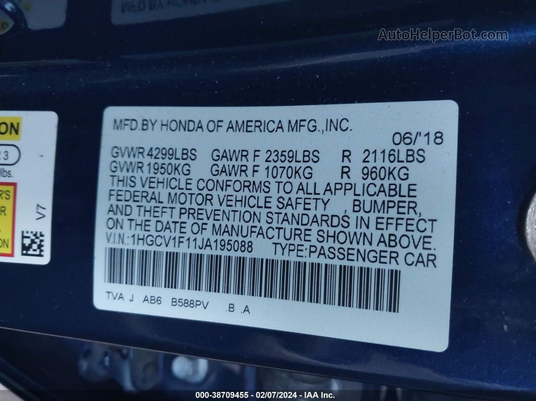 2018 Honda Accord Lx Blue vin: 1HGCV1F11JA195088