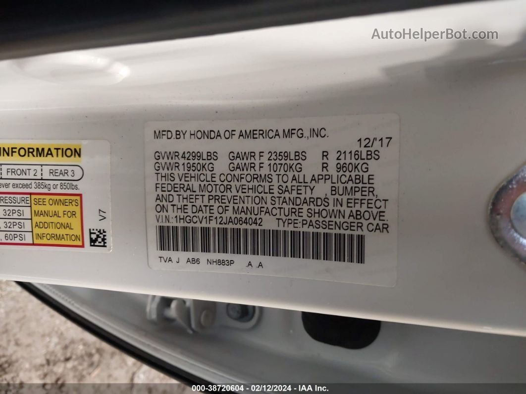 2018 Honda Accord Lx White vin: 1HGCV1F12JA064042