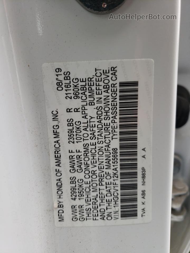 2019 Honda Accord Lx Белый vin: 1HGCV1F12KA155698