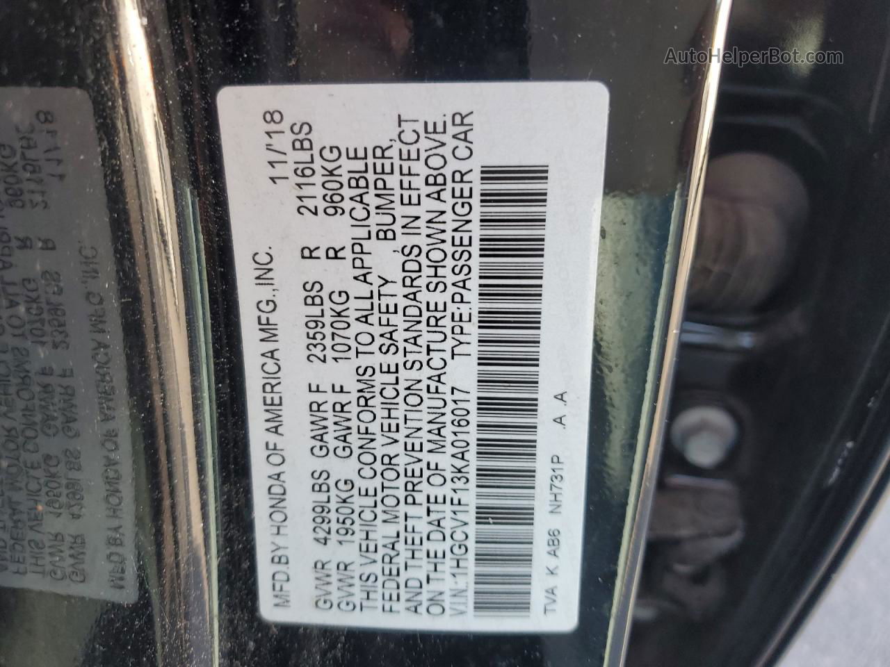 2019 Honda Accord Lx Black vin: 1HGCV1F13KA016017