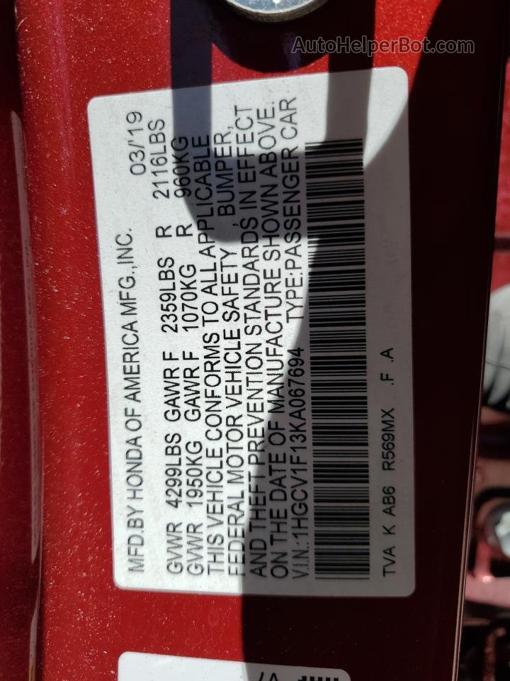 2019 Honda Accord Lx Red vin: 1HGCV1F13KA067694