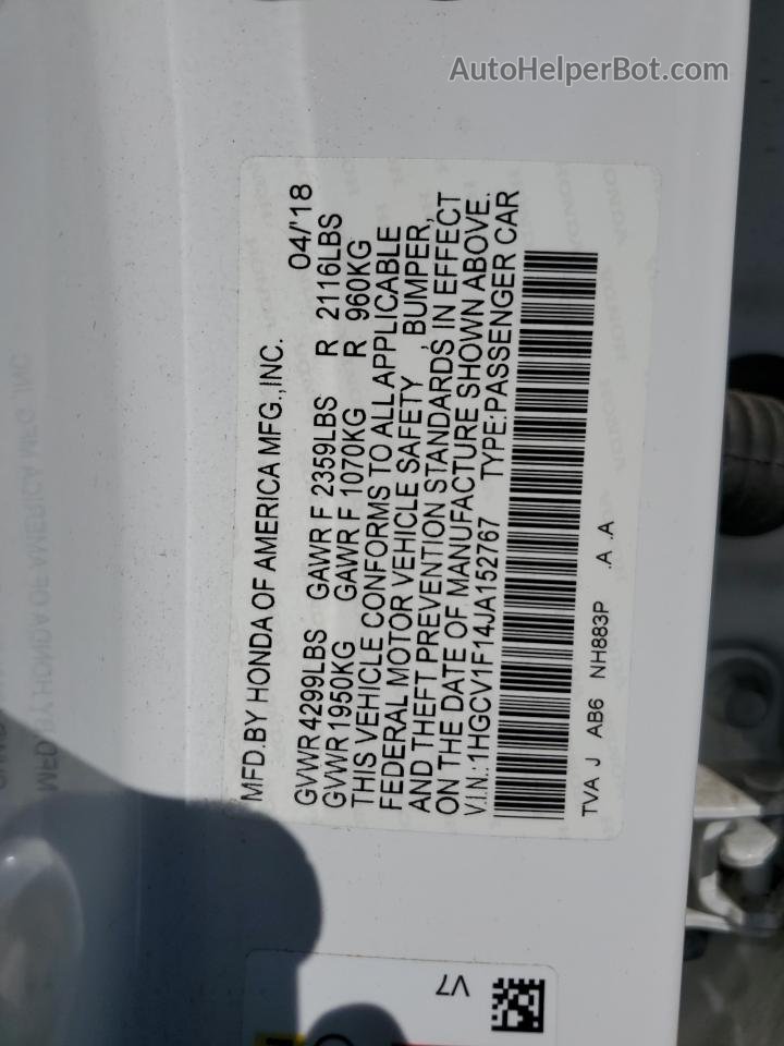 2018 Honda Accord Lx White vin: 1HGCV1F14JA152767