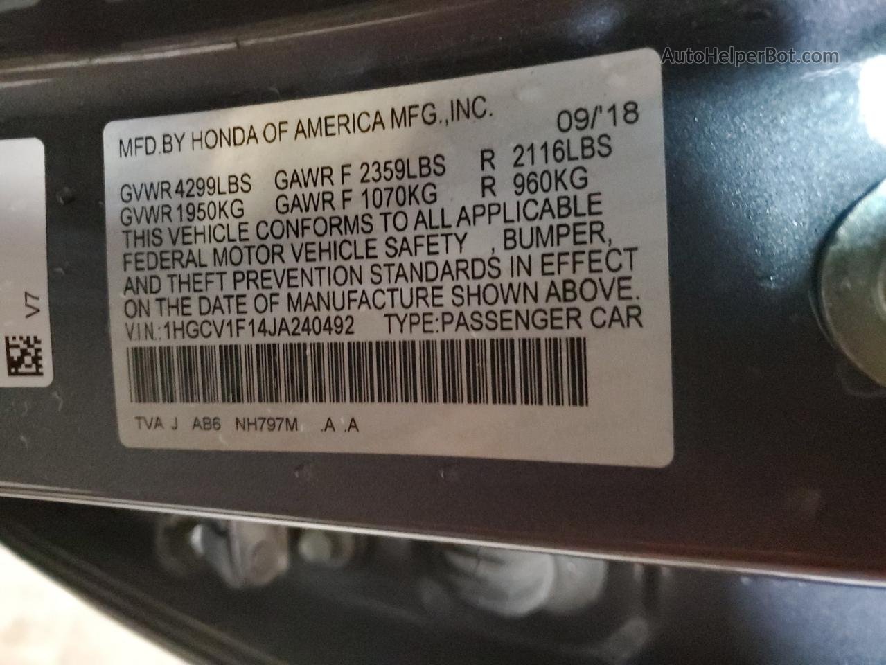 2018 Honda Accord Lx Gray vin: 1HGCV1F14JA240492
