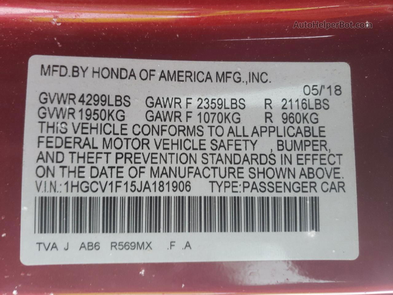 2018 Honda Accord Lx Red vin: 1HGCV1F15JA181906