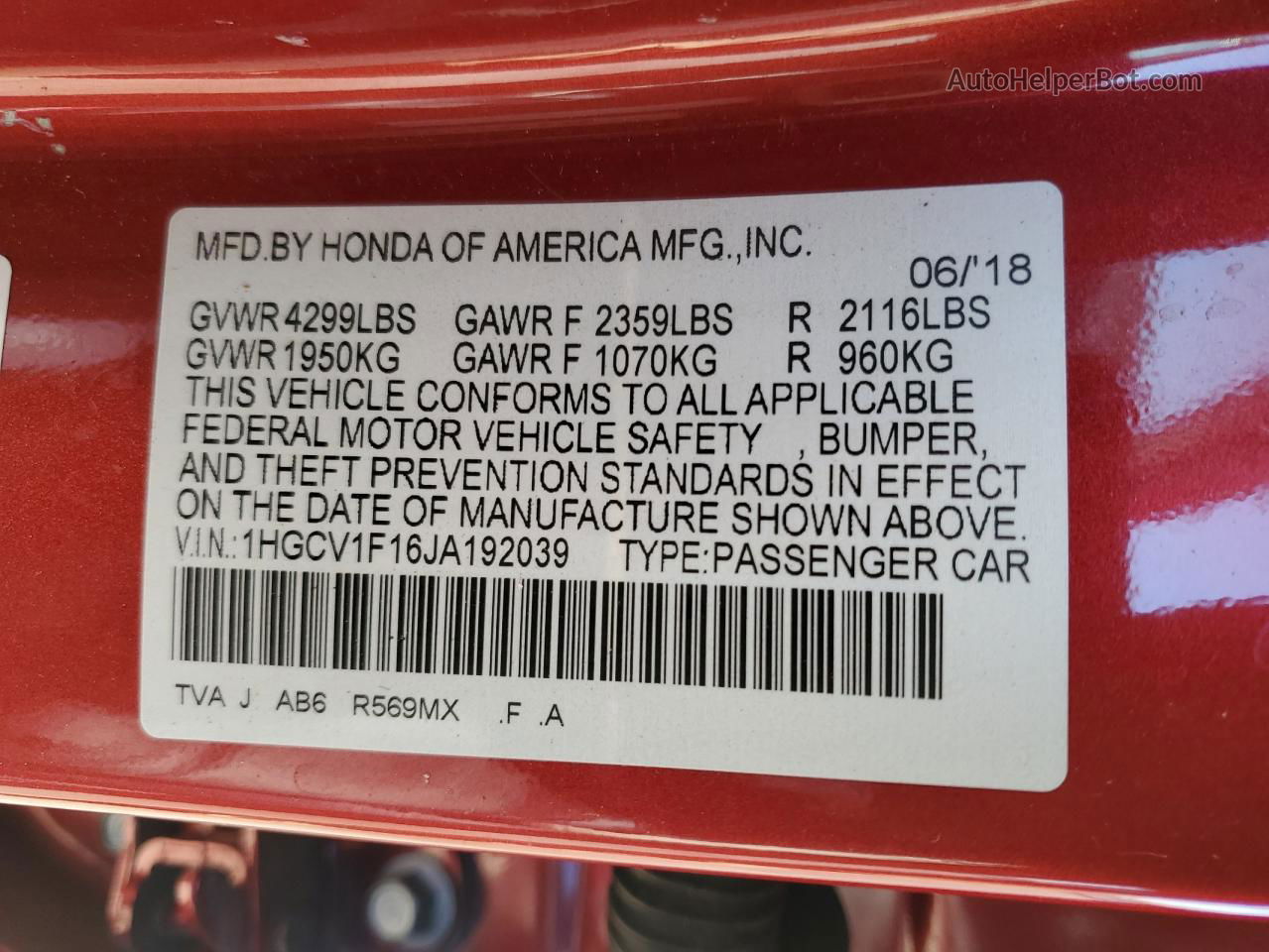 2018 Honda Accord Lx Red vin: 1HGCV1F16JA192039