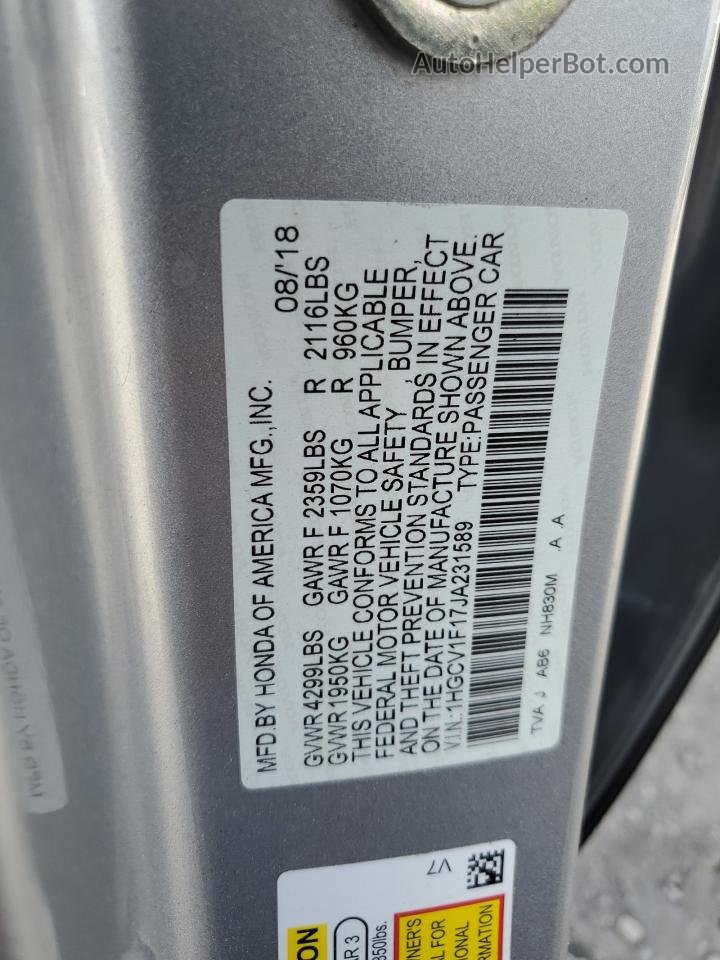 2018 Honda Accord Lx Gray vin: 1HGCV1F17JA231589