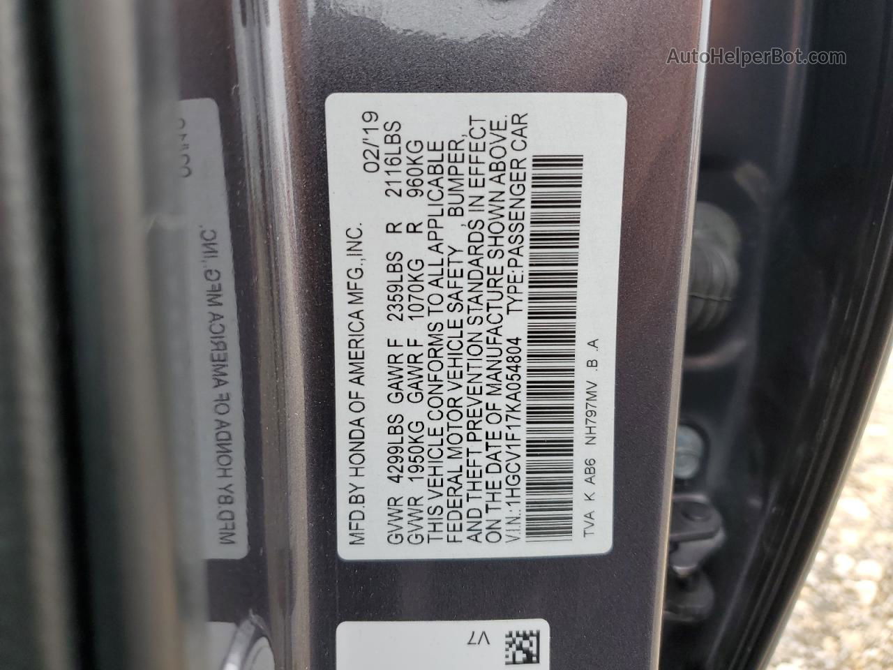 2019 Honda Accord Lx Gray vin: 1HGCV1F17KA054804