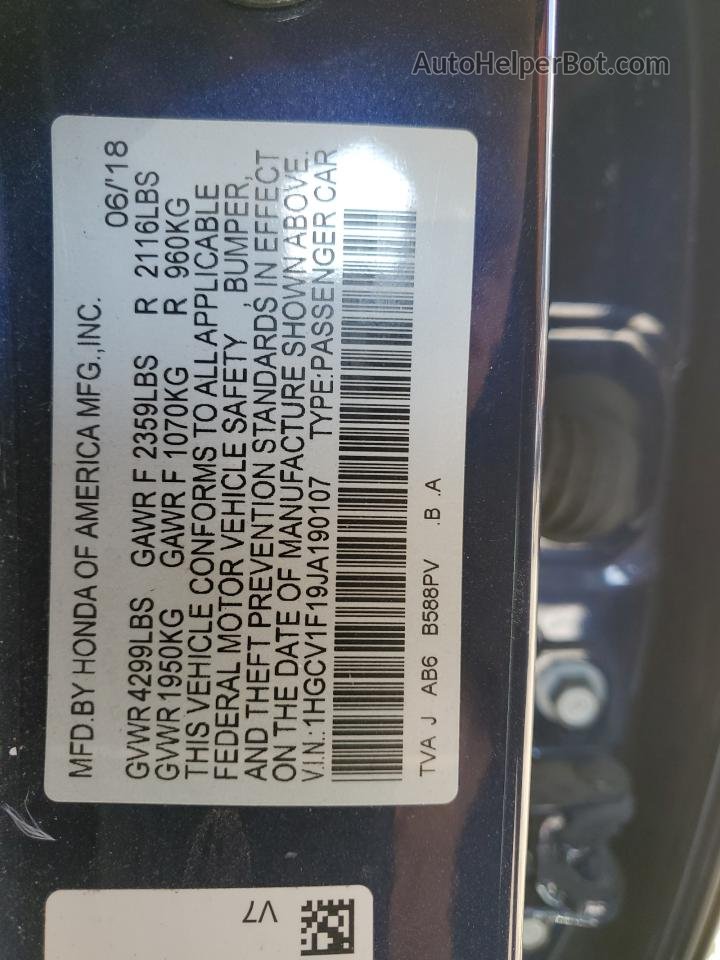 2018 Honda Accord Lx Blue vin: 1HGCV1F19JA190107